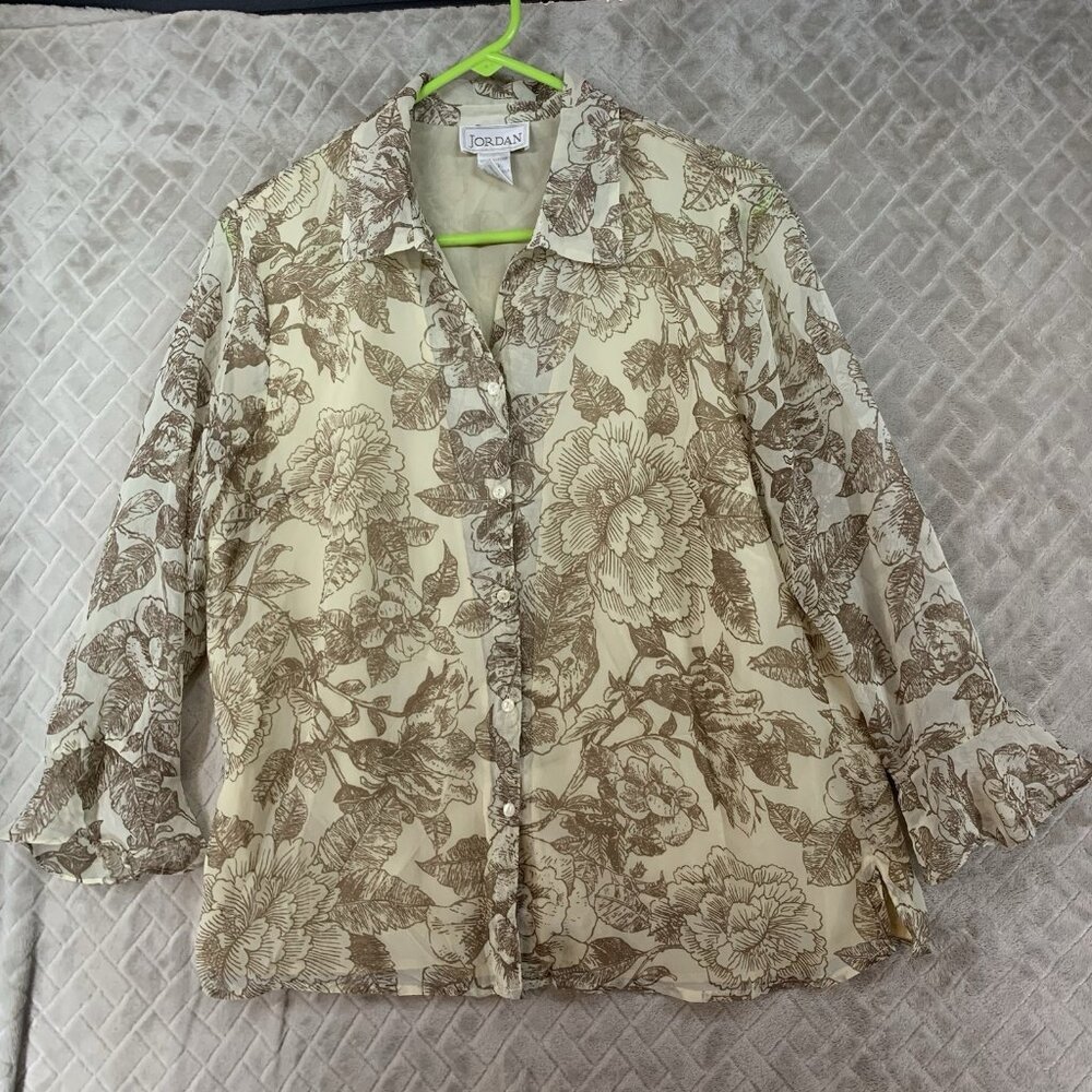 Jordan Womens L Blouse Beige Floral Button Up 3/4 Sleeve Ruffle Lined Chiffon